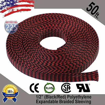 50 FT 1/2  Black Red Expandable Wire Sleeving Sheathing Braided Loom Tubing US • $15.90