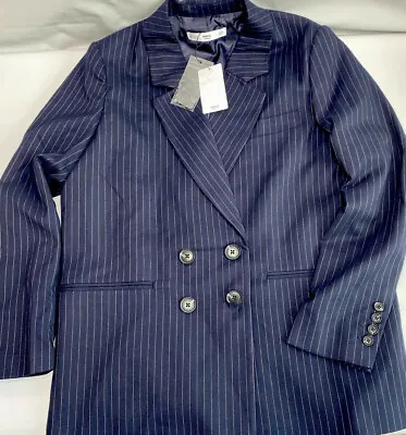 MNG Mango Coat Blazer Jacket Americana Trafic Pin Stripe Navy Blue Women M NWT  • $39.99