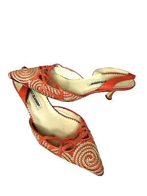 Manolo Blahnik  Coral Orange Beige Kitten Heel Slingback Shoes Heels Sz 38.5 • $249.99