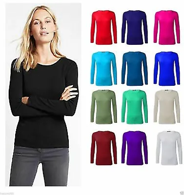 Womens Ladies Long Sleeve Stretch Plain Scoop Neck T Shirt Top Assorted 8-26 • £6.99