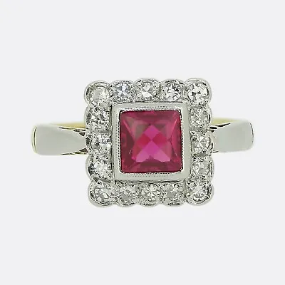 Art Deco Synthetic Ruby And Diamond Cluster Ring - 18ct Yellow Gold & Platinum • £1045