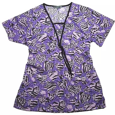 Purple Zebra Print Heart Scrub Top S Wrap Tie Style V Neck Fitted Bodice Nursing • $9.94