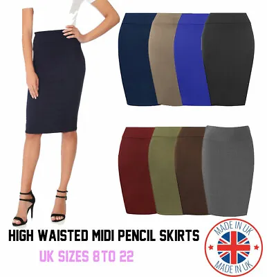 Womens Plain High Waisted Knee Length Bodycon Stretch Pencil Midi Skirt 8-22 • £7.99