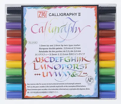 Kuretake ZIG Calligraphy Pens 12 Color Set 2Mm. 3.5Mm Dual Tip Marker Photo-Safe • £25.07