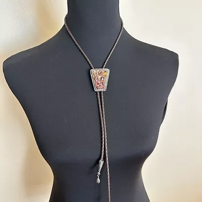 Vintage Mens Bolo Tie With Red Jasper Stones Brown Braided Leather Western Style • $19.99