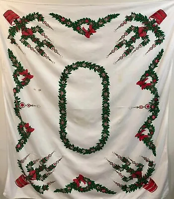 MCM Mid Century Christmas Topiary Trees Santa Indent Toppers Vintage Tablecloth • $40