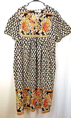 Vermont Country Store Cotton Black Peach Floral Peasant Muumuu Dress Pockets 2XL • $29.95