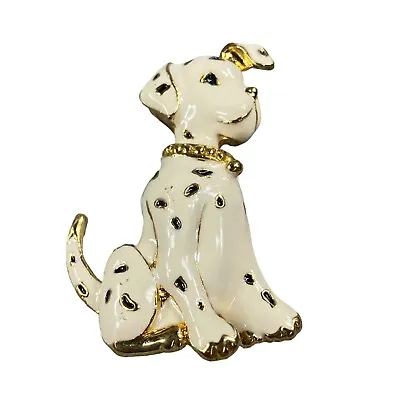 Dog Brooch Pin Dalmation Vintage Sitting Puppy Pup White Gold Tone Black Spots • $14.49