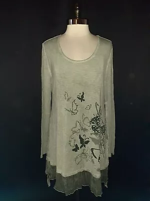 NEW SOFT SURROUNDINGS Size L Shirt Top Grey Green Butterflies Long Sleeve • $29.99