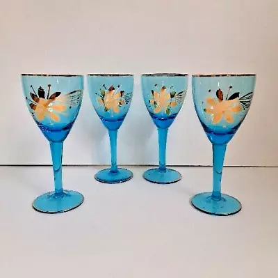 Bohemian Glass Set Of 4  Stem Wine Glasses Aqua Blue Mid Century Gold Floral • $37.99