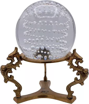 Vintage Bubble Crystal Glass Ball On Brass Dragon Stand Made In India • $44.99