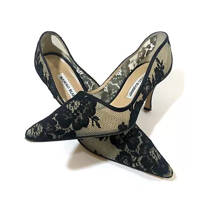 $565 MANOLO BLAHNIK BB Black Size 9 US (39) Lace Satin Pumps Shoes Heels • $179.99