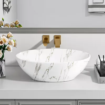 Oval Marble Effect Ceramic Sink Basin Bathroom Vanity Countertop Wash Sink Bowl • £49.95