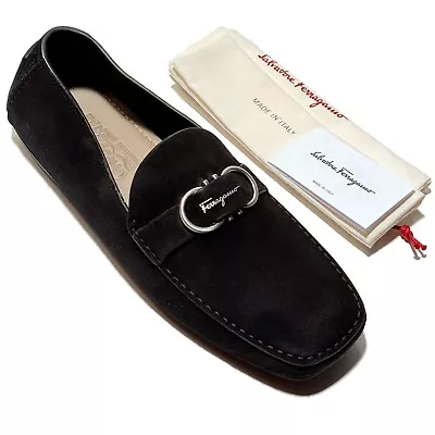 NEW Ferragamo PALINURO Gancini Black Suede Leather Dress Loafers Men's Drivers • $475