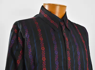 Gianni Versace Couture Sz 54 Cotton Black Floral Stripes Logo Button Shirt Italy • $259.19