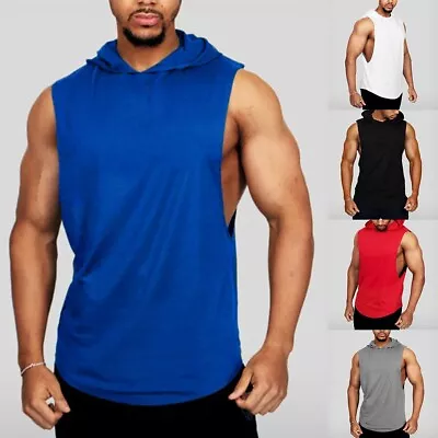 Athletic Men's Sleeveless Hooded Tank Tops T Shirt Muscle Gym Workout Vest • £10.68