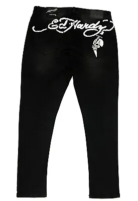 Ed Hardy Slim Taper Black Embroidered Skull Dagger Sz 36 Jeans Pants 31  Inseam • $105.88