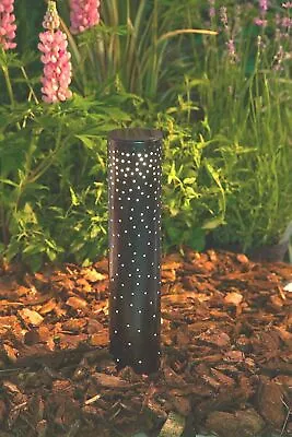 2 X Solar Powered Black Metal Starry Bollard Light Outdoor Garden Path Lights • £21.49