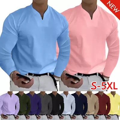 $14.47 • Buy ❀ Mens Long Sleeve V Neck Solid Color T Shirt Blouse Casual Loose Tops Tee S-5XL