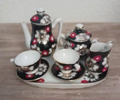 Vintage 1960s 10-Piece Miniature Tea Set W/ Tray Japan Unusual Black Red & Gold • $16