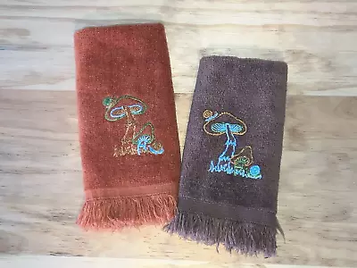 Vintage MARTEX SET 2 Mushroom Embroidered Hand Finger Tip Towel Fringe MCM • $17.99