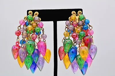 Vintage Confetti Clip Earrings Lucite Chunky Beaded Metallic Rainbow 1980s BinAG • $35.96