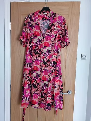 Marks And Spencer Floral Print Shirt Dress Pink Linen Mix With Belt Size 18 • £7.50