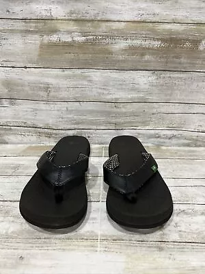 Sanuk Women's Yoga Mat Flip Flops Thong Sandals Black Vegan Leather Size 8 • $18.78