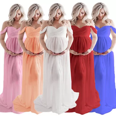 Women Off Shoulder Maxi Dress Pregnancy Maternity Photo Shoot Photography Gown • £14.69