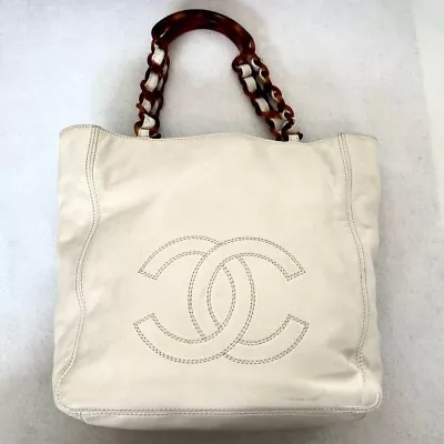 CHANEL COCO MARK Leather Tote Bag Women Logo White Brown Tortoiseshell Pattern • $1844.32