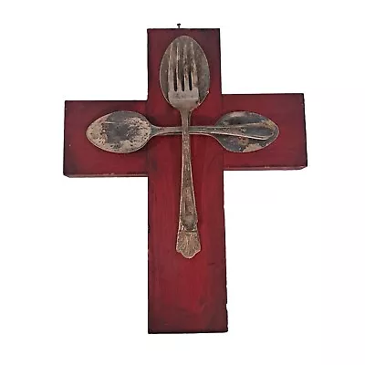 Vintage Mexican Folk Art Wood Cross Metal Silver Tone Spoon Forks Catholic • $25.50