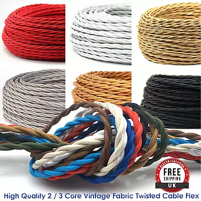 2 / 3 Core Lighting Fabric Cable Vintage Coloured Twisted Braided Wire Lamp Flex • £2.69