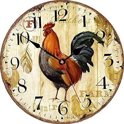 Kitchen Wall Clock 8 Inch Rustic Vintage Rooster Silent Non Ticking Round Qua... • $26.37
