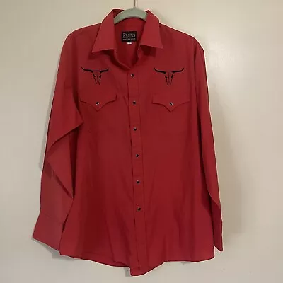 80s 90s Plains Western Wear Red Longhorn Embroidered Pearl Snap Shirt Size L • $45