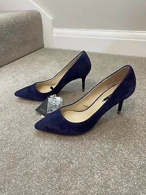 ❤️New ZARA Suede Leather Court Shoes Heels Navy Blue Size UK 4 • £49