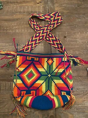 Wayuu Mochila Colombian Bag Crossbody Bucket  Woven Boho Colorful Neon 11.5x14 • $29.99