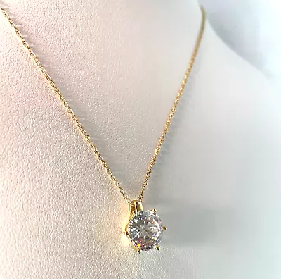 Signed 14K Gold Diamonique CZ Solitaire Pendant 14K Gold 18  Chain Necklace • $115