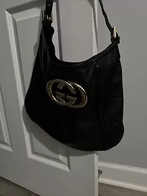 Vintage Gucci Britt Black Hobo Shoulder Handbag Oversized GG Hardware Italy • $650