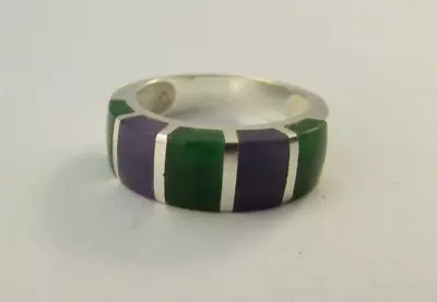 925 Sterling Silver Green Malachite & Purple Inlay Band Ring Size 4 3/4 • $12