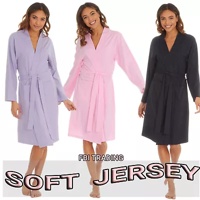 Ladies Jersey Dressing Gown Cotton Rich Long Sleeve Wrap Summer Lightweight • £12.99