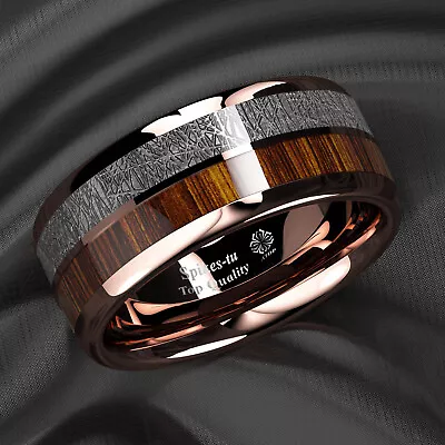 8/6mm Rose Gold Plated Metal Tungsten Ring Koa Wood Inlay ATOP Men Jewelry • $15.59