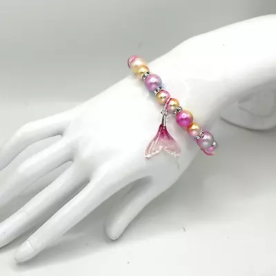 7.5  Glass Mermaid Tail Stretch Bracelet-Colorful Mermaid Beads W Rhinestones • $8.99