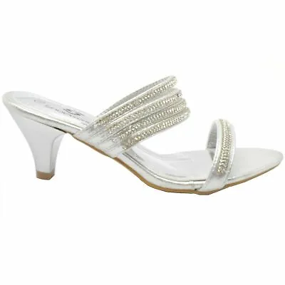 Womens Party Wedding Bridal Ladies Low Heel Evening Sandals Silver Uk Size 20-3 • £13.99