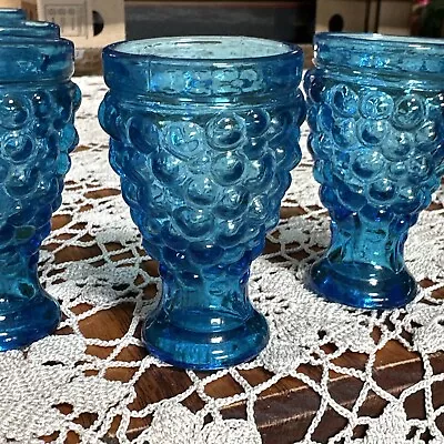 Vintage MCM BLUE Glass Bubble Cordial Shot Glasses 3  Set Of 6 Tiny Vase Cup • $17.60