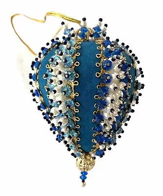 Vtg 1970s Beaded Sequin Push Pin Christmas Tree Ornament Blue/Teal 5” • $13