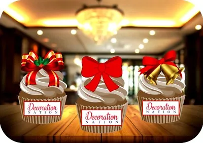 Christmas Bows Trio Mix - 12 PREMIUM STAND UP Edible Wafer Cake Toppers Xmas • £3.79