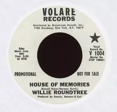 Crossover Soul 45 - Willie Roundtree - House Of Memories On Volare Promo • $21.99