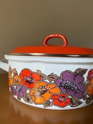 3 Litre Vintage Retro Orange Lid Heavy Enamelware Cooking Pot Orange Flowers • $49