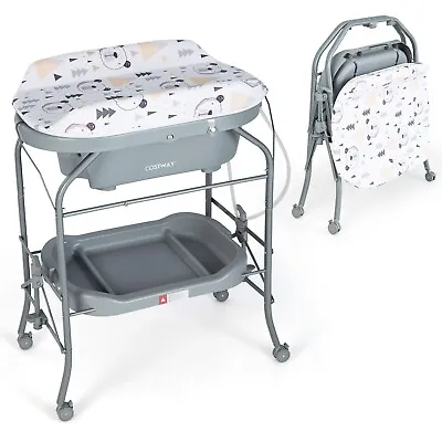 Baby Changing Table With Bathtub Folding Infant Diaper Changing Nursery Station • £88.95