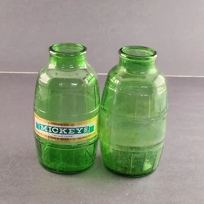 Two Mickey's Wide Mouth Beer Bottles Green Glass Grenade Barrel Empty Vintage • $14.95